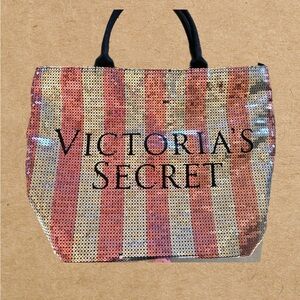 VICTORIA'S SECRET 2015 PINK & SILVER SEQUIN STRIPED LOGO TOTE BAG